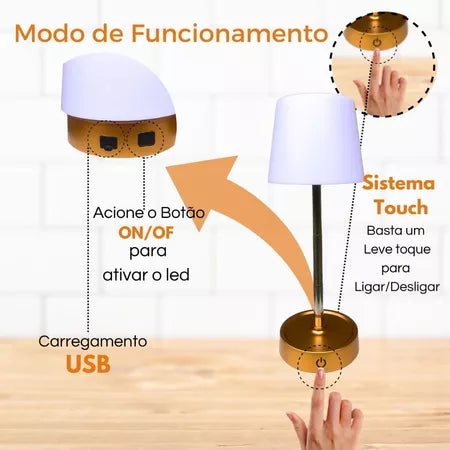 Luminária Dourada de Mesa Touch Recarregável